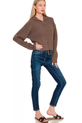 Ribbed Collared Zip Up Sweater Cardigan ZENANA